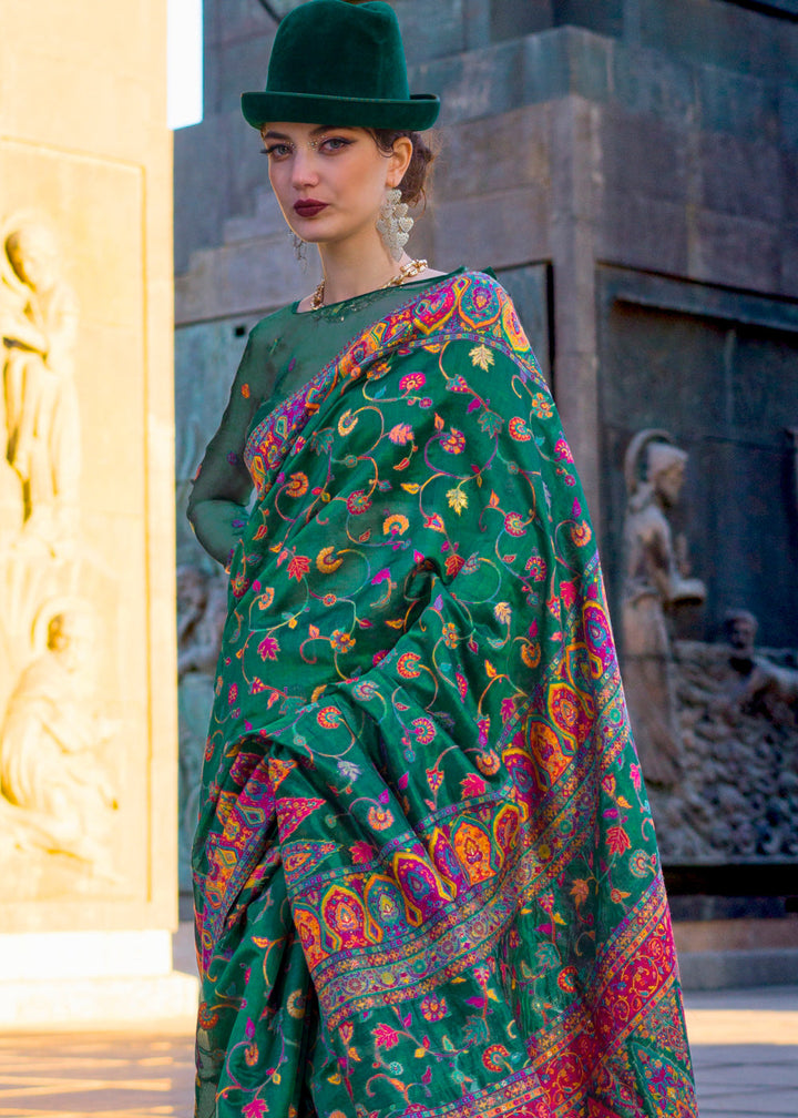 Myrtle Green Jamawar Woven Organza Silk Saree