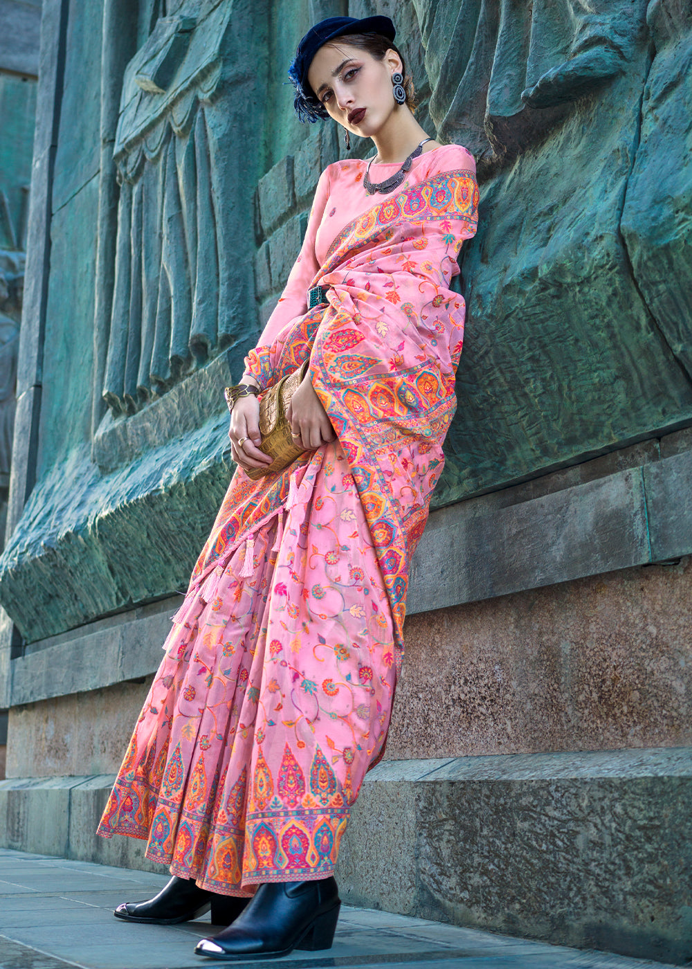 Blush Pink Jamawar Woven Organza Silk Saree