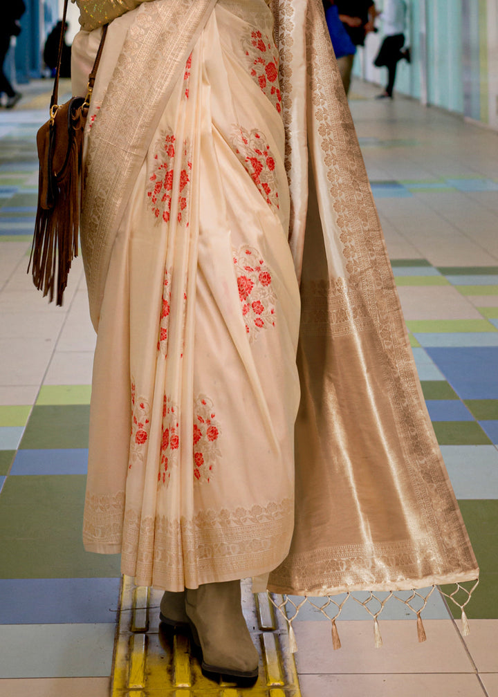 Cream White Handloom Woven Banarasi Silk Saree