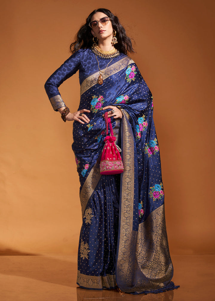 Navy Blue Handloom Satin Silk Saree with Multi Colored Flower Weaving Work