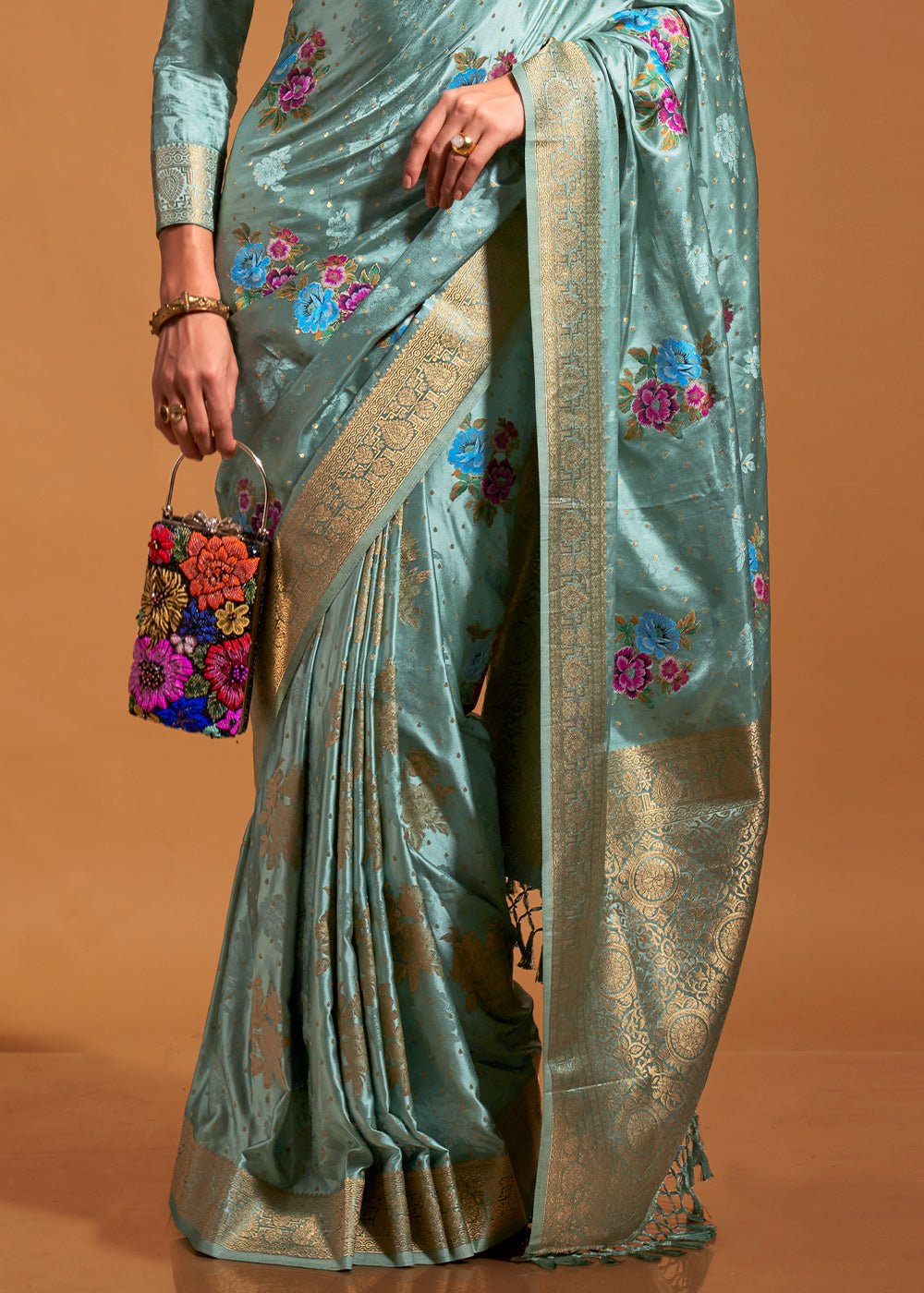 Summer Blue Handloom Satin Silk Saree with Multi Colored Flower Weaving Work