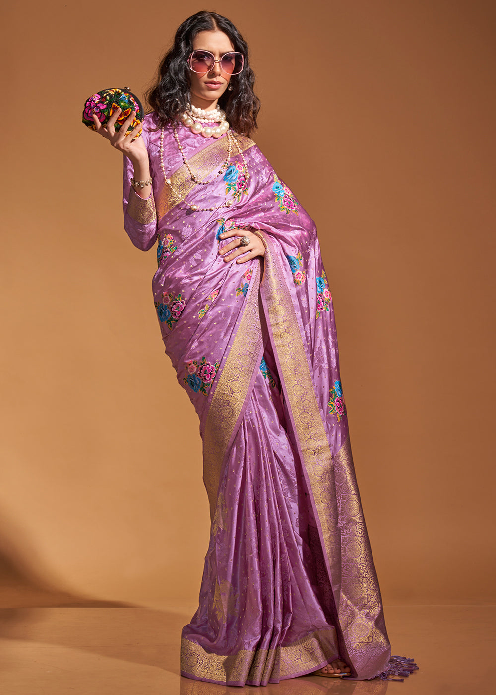 Lilac Purple Handloom Satin Silk Saree with Multi Colored Flower Weaving Work