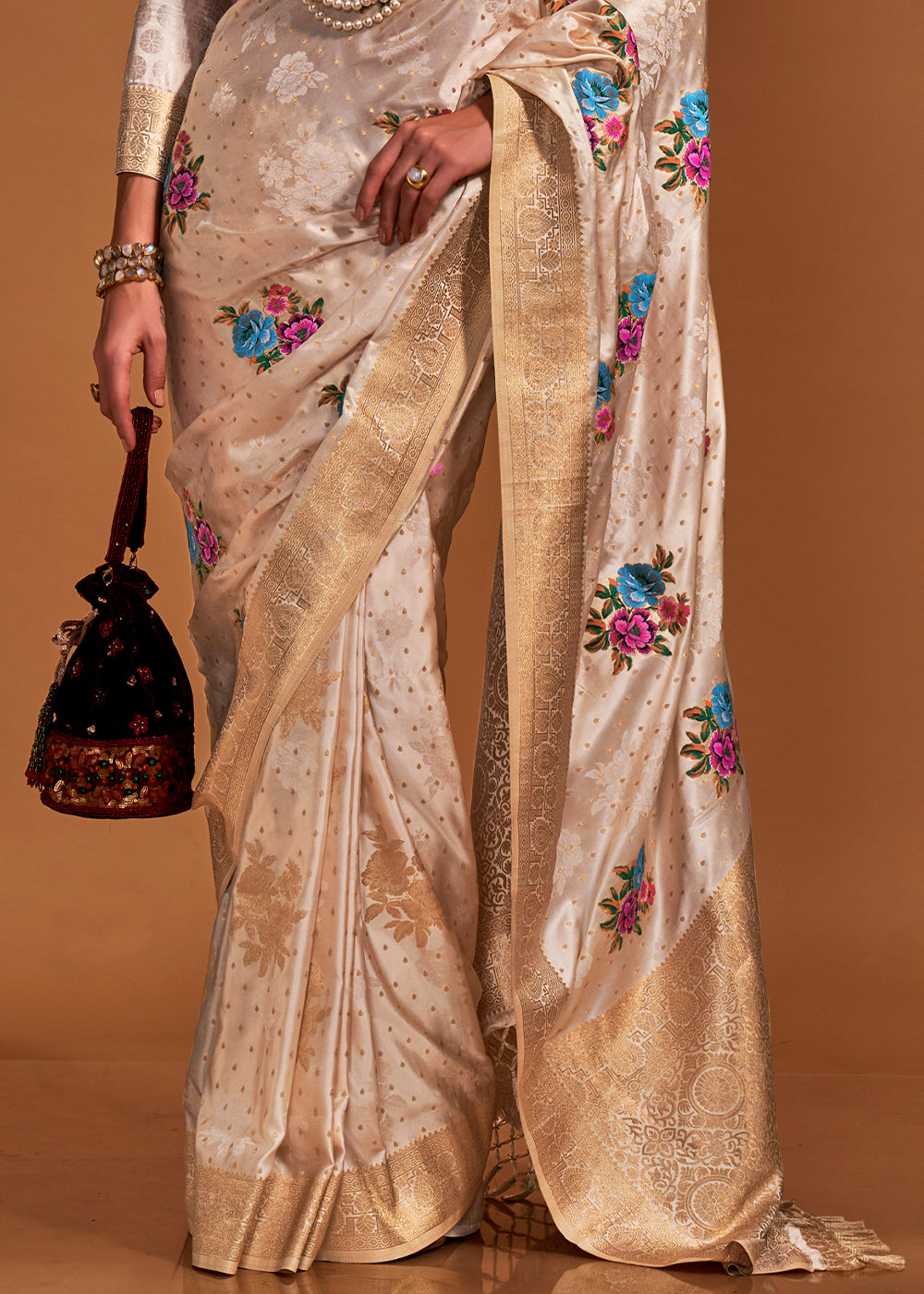 Parchment Brown & White Handloom Satin Silk Saree with Multi Colored Flower Weaving Work