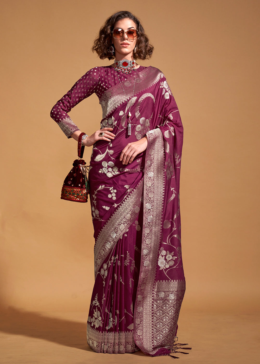 Cardinal Purple Floral Handloom Woven Georgette Silk Saree