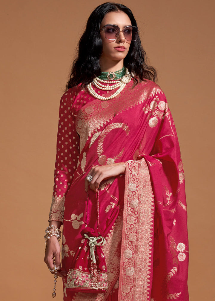 Raspberry Pink Floral Handloom Woven Georgette Silk Saree