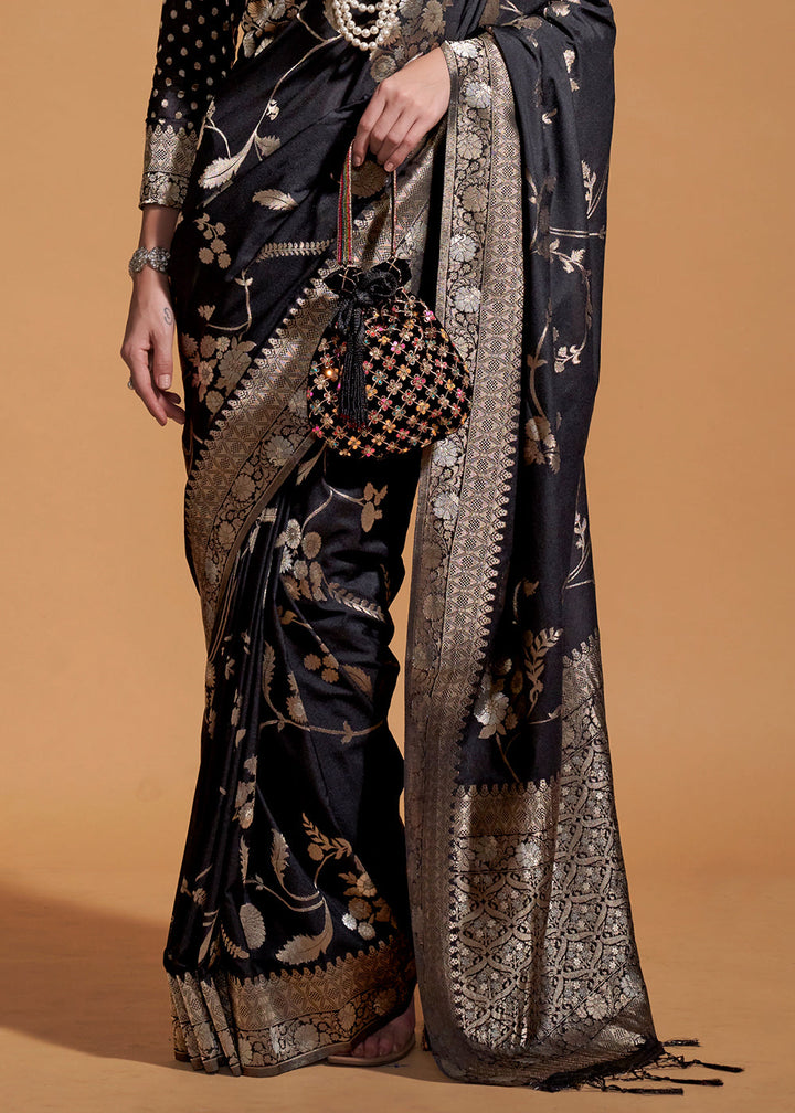 Pitch Black Floral Handloom Woven Georgette Silk Saree