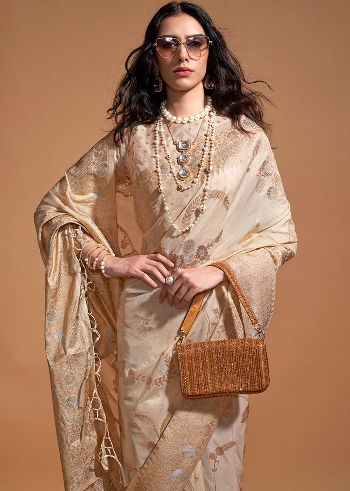 Beige Brown Floral Handloom Woven Georgette Silk Saree