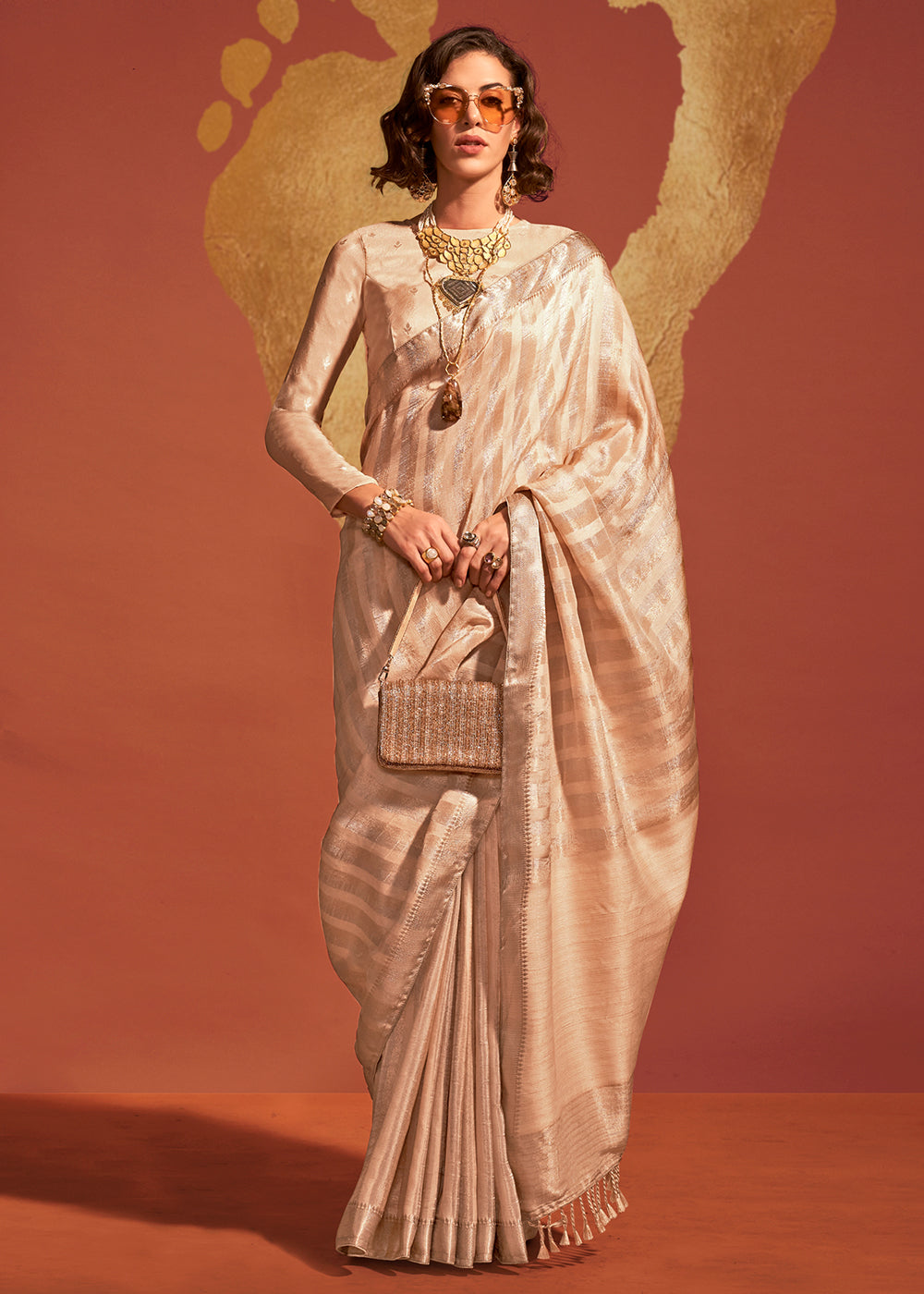 Beige Brown Handwoven Viscose Designer Saree