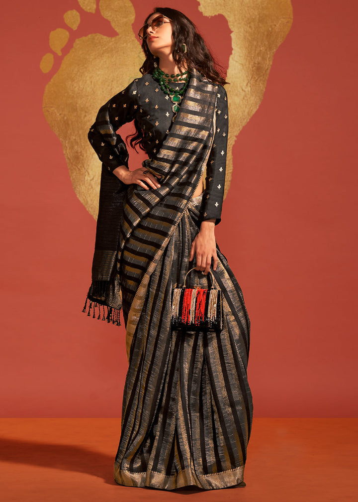 Midnight Black Handwoven Viscose Designer Saree