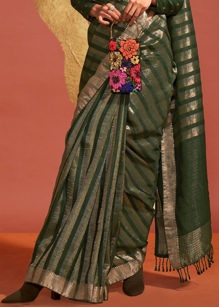 British Racing Green Handwoven Viscose Designer Saree