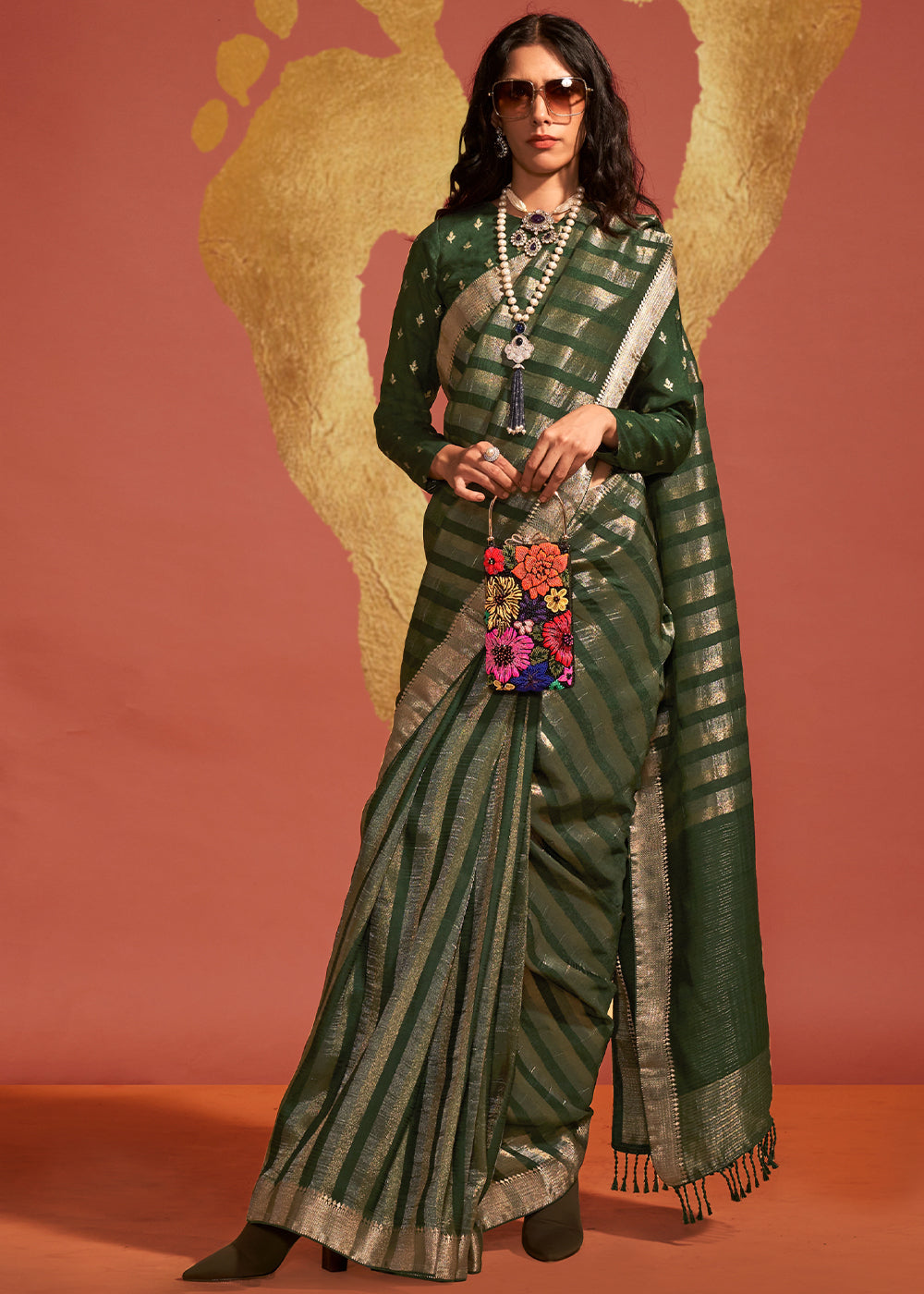 British Racing Green Handwoven Viscose Designer Saree