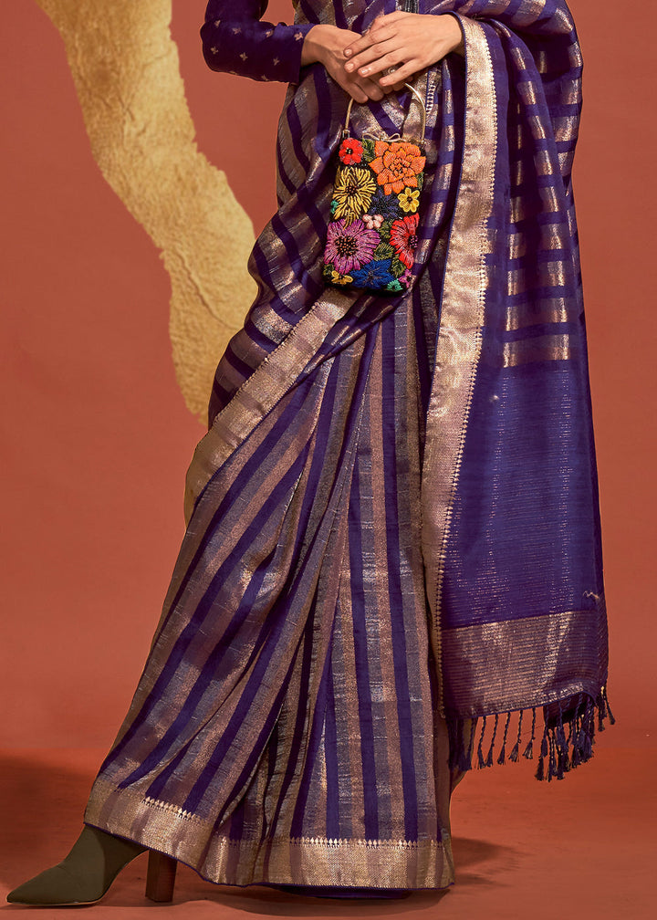 Indigo Brown Handwoven Viscose Designer Saree