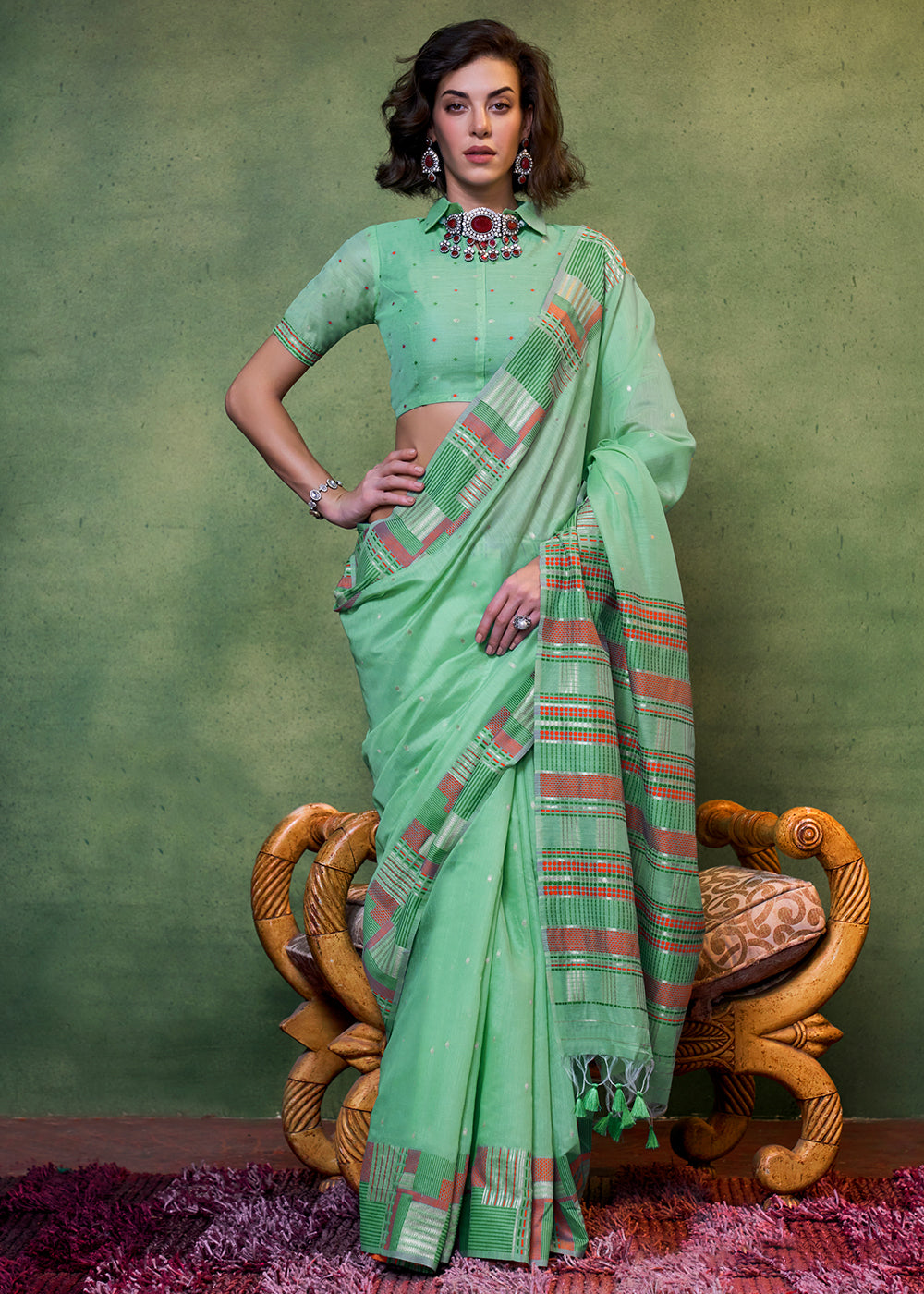 Cool Green Handwoven Cotton Silk Saree with Brocade Blouse