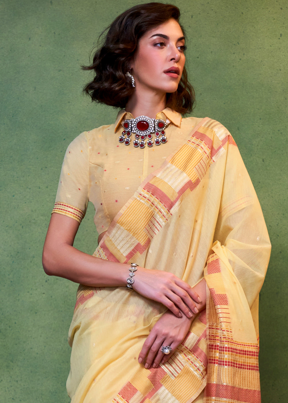 Banana Yellow Handwoven Cotton Silk Saree with Brocade Blouse