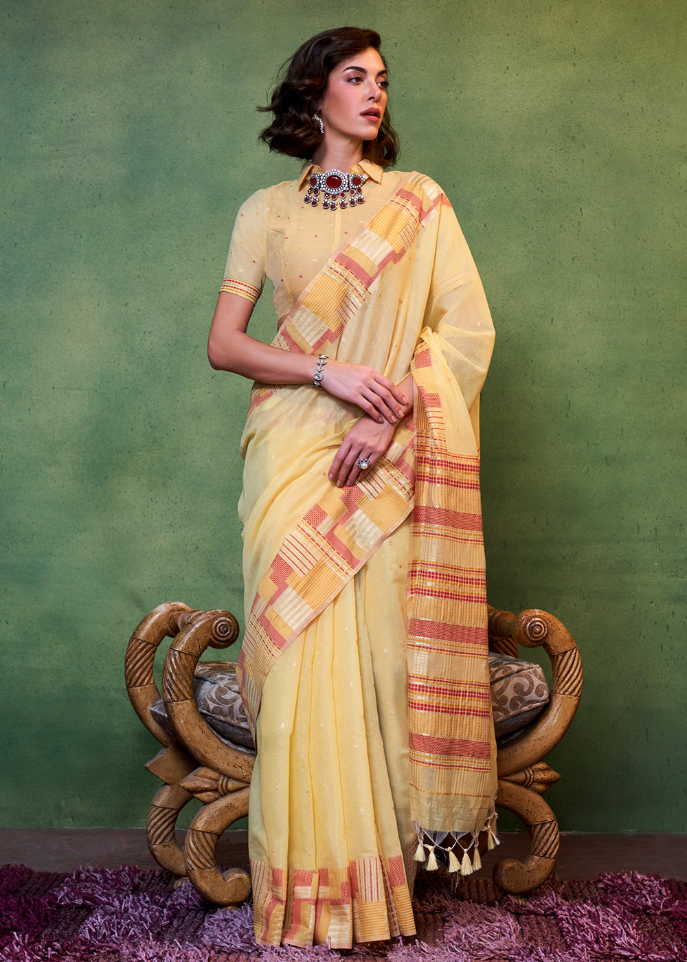 Banana Yellow Handwoven Cotton Silk Saree with Brocade Blouse