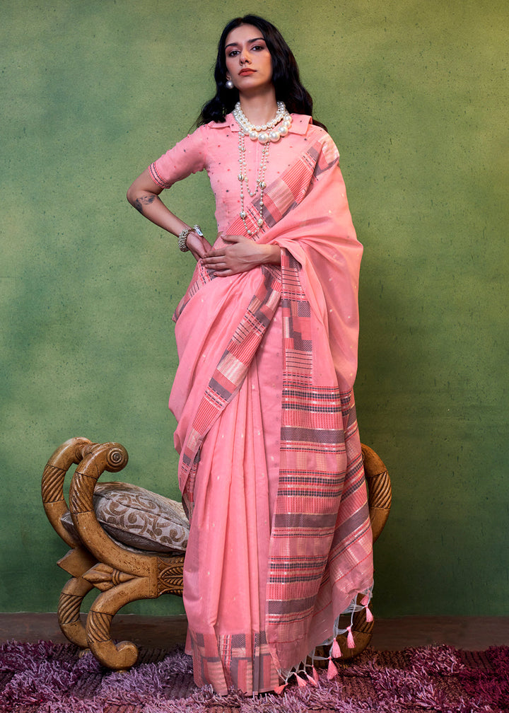 Carmine Pink Handwoven Cotton Silk Saree with Brocade Blouse