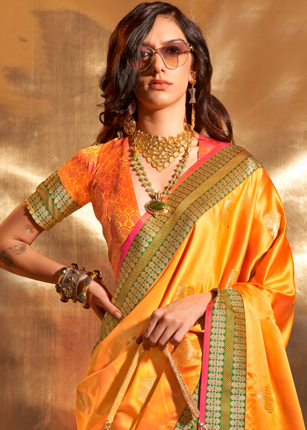 Shades Of Orange Handloom Woven Satin Silk Saree