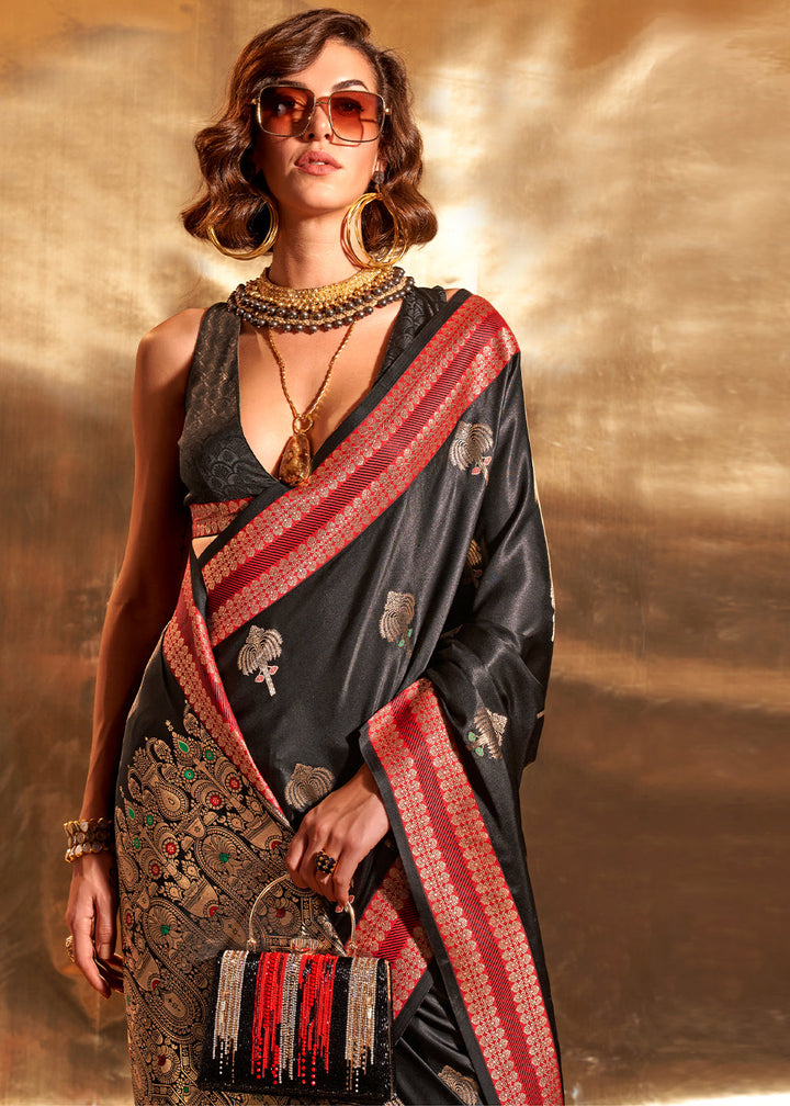 Soot Black Handloom Woven Satin Silk Saree