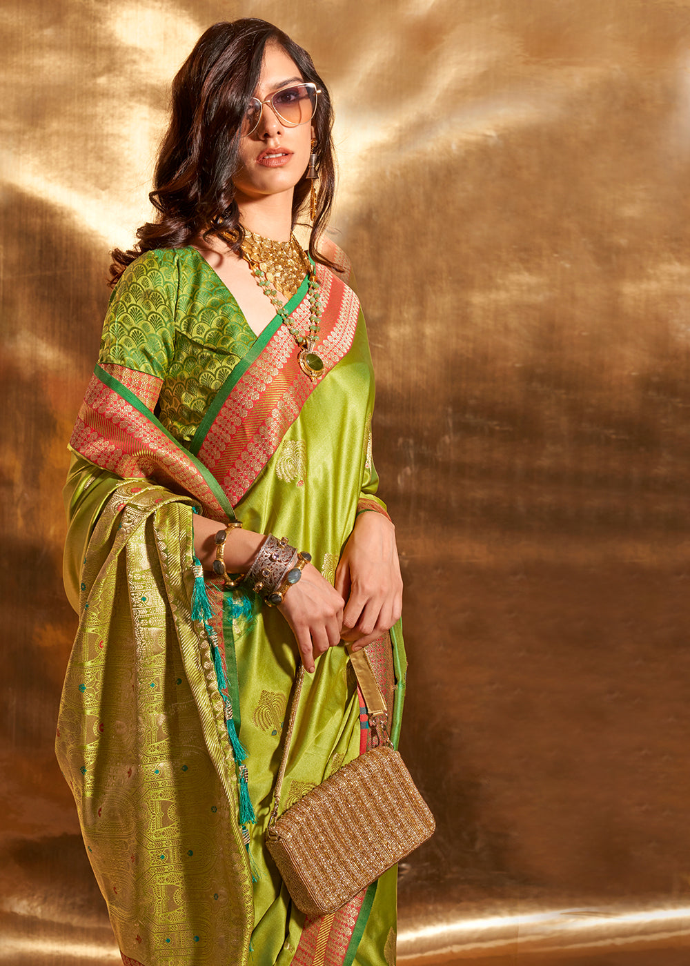 Lawn Green Handloom Woven Satin Silk Saree