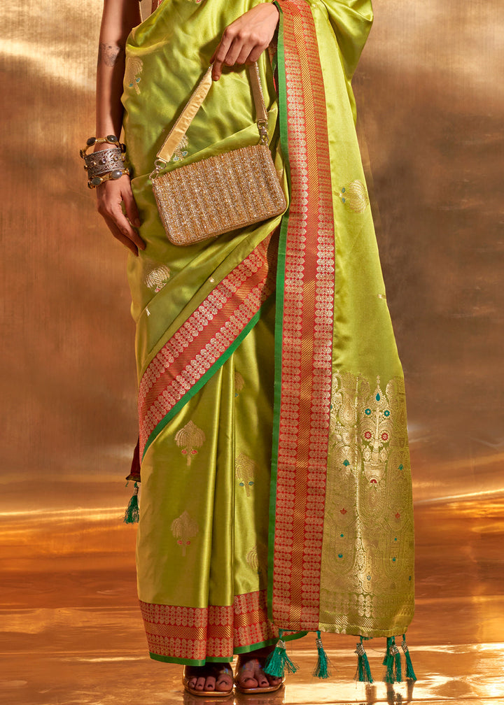 Lawn Green Handloom Woven Satin Silk Saree