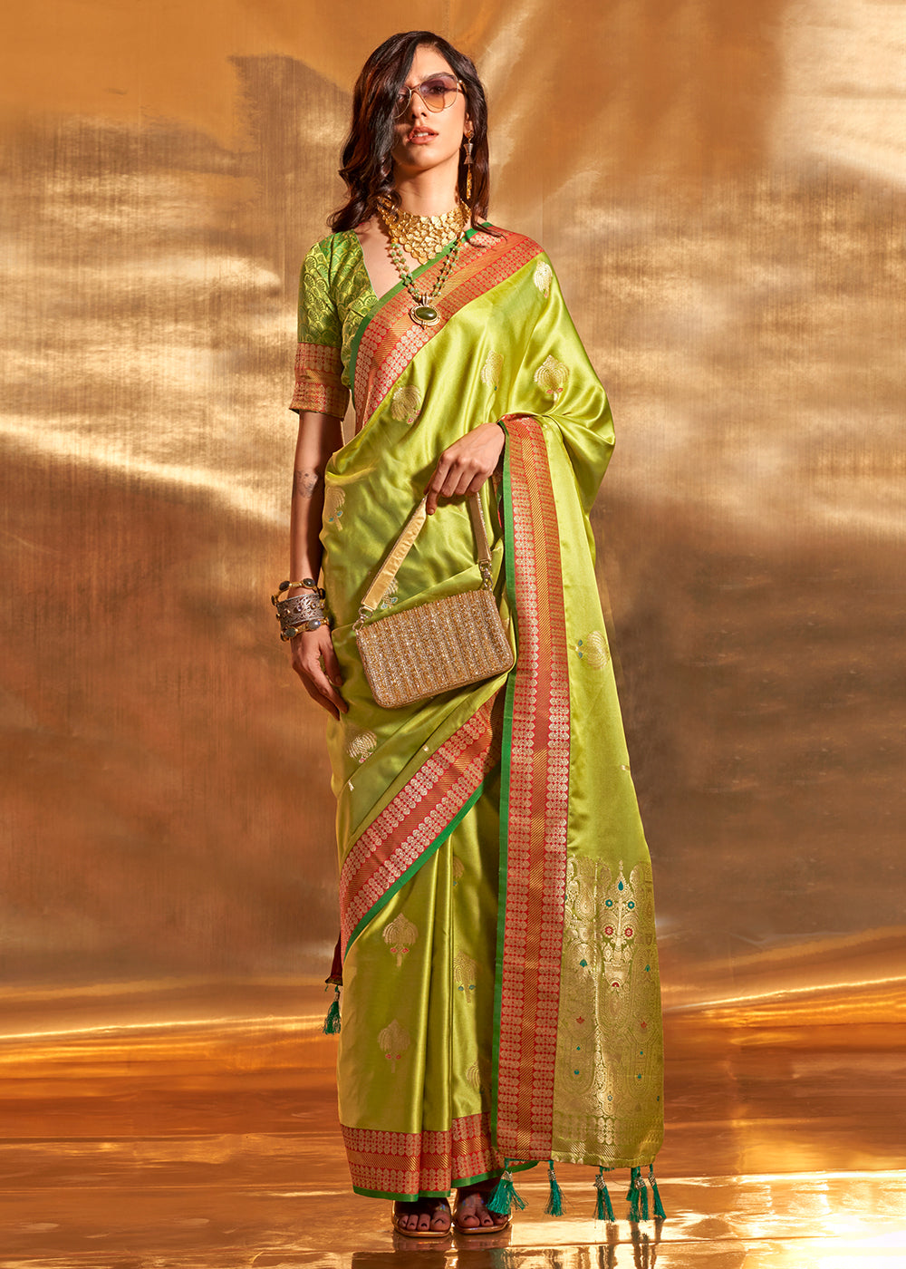 Lawn Green Handloom Woven Satin Silk Saree