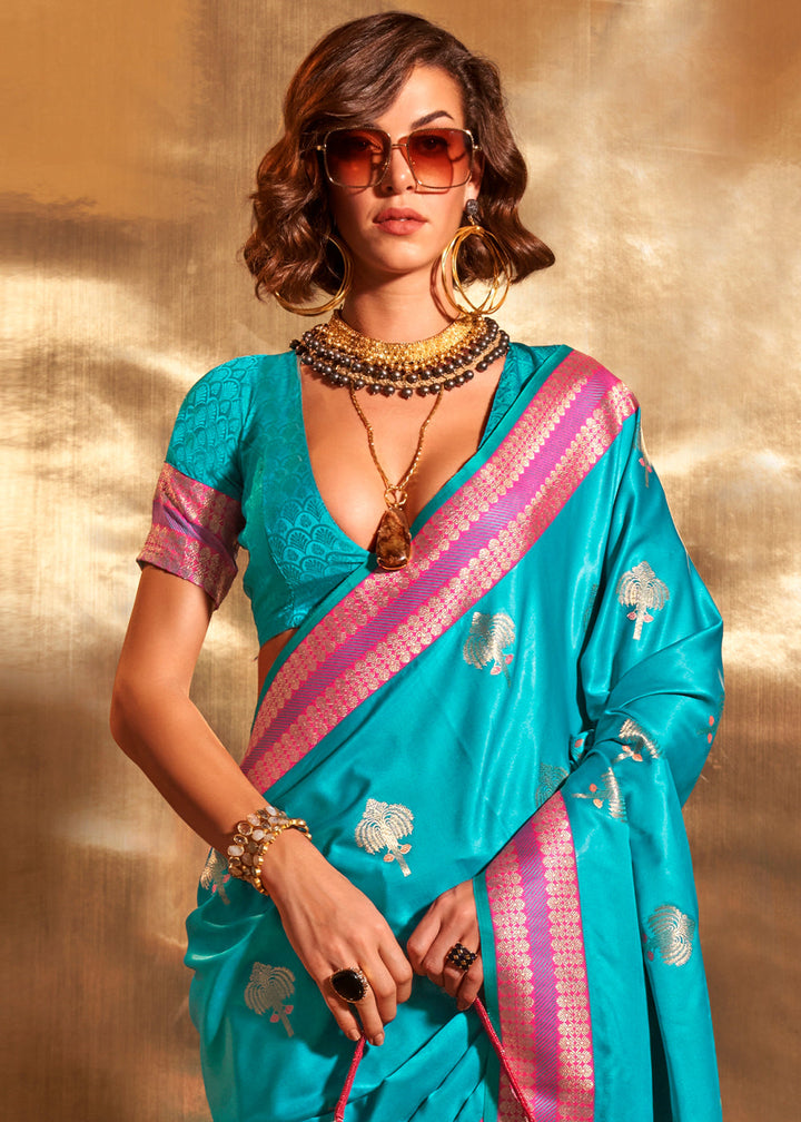 Cerulean Blue Handloom Woven Satin Silk Saree