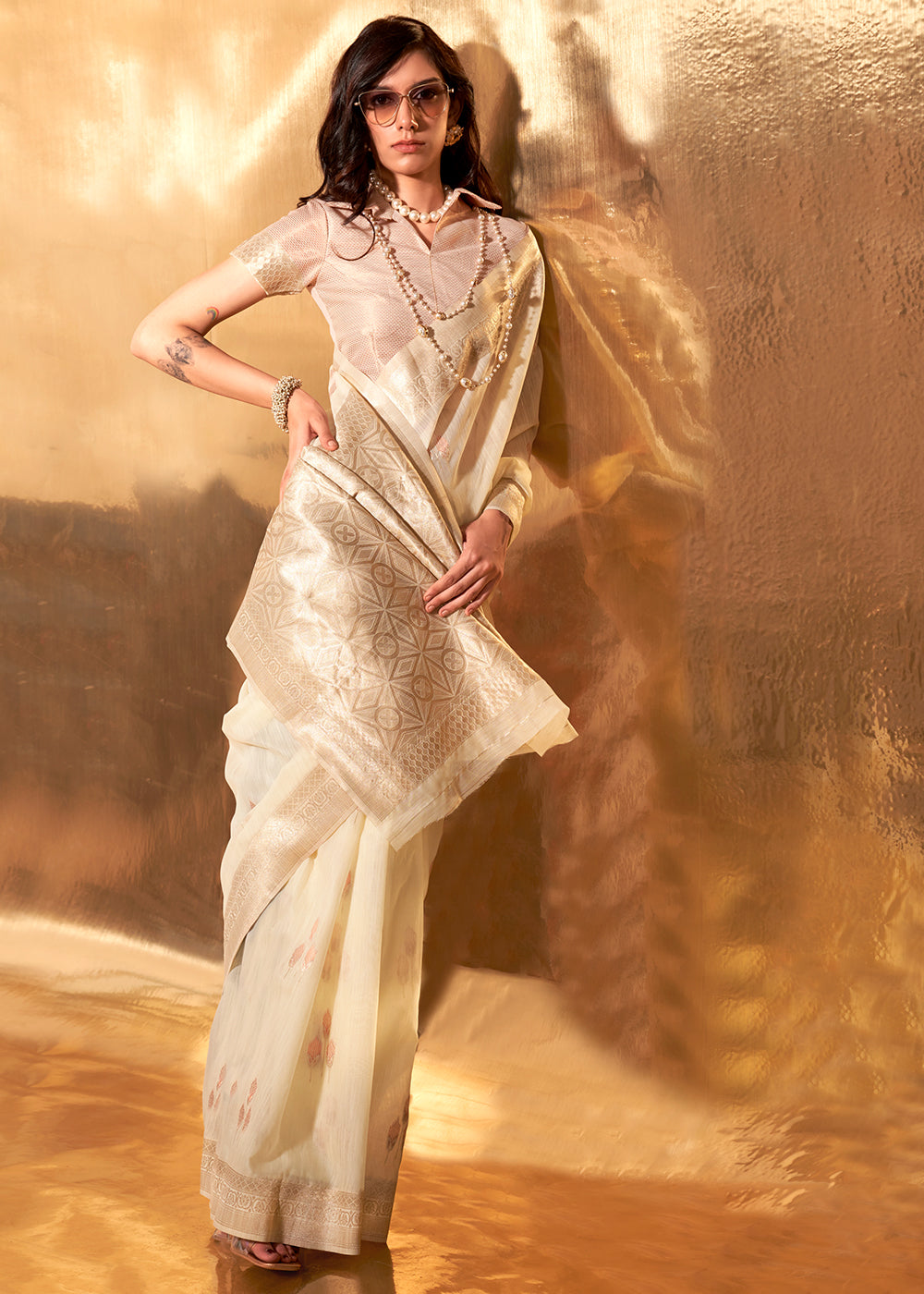 Parchment White Hand Woven Linen Cotton Saree with Brocade Blouse