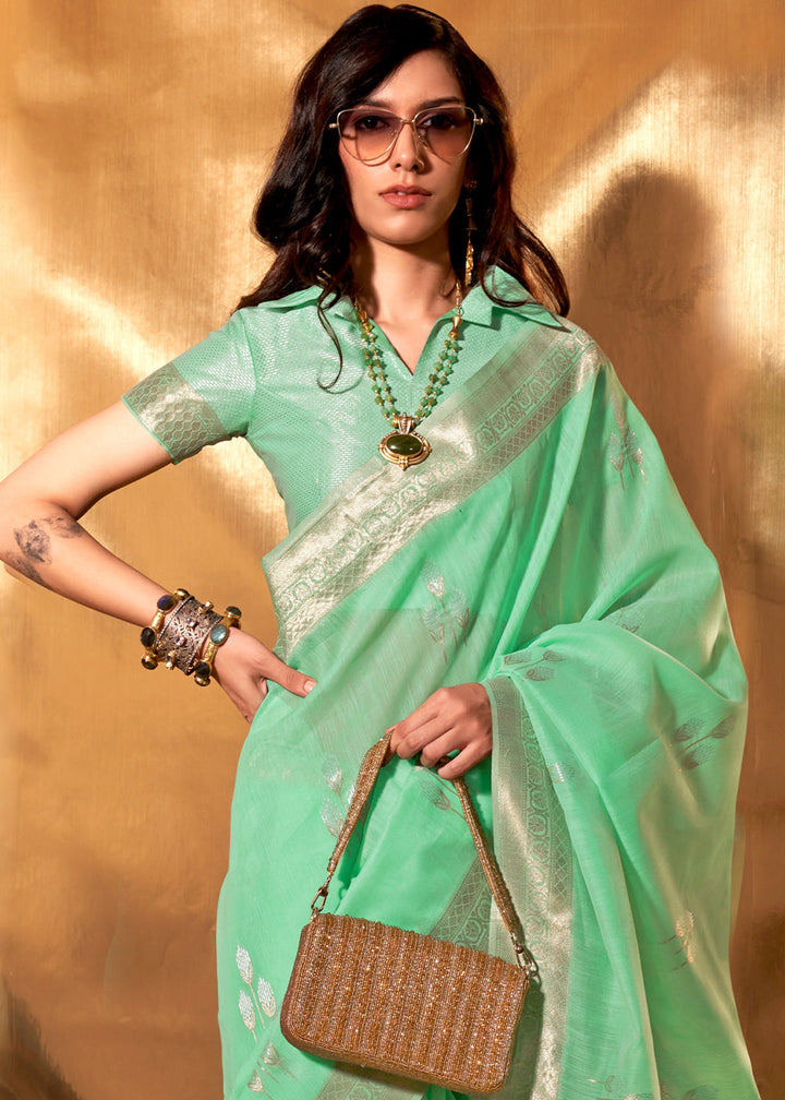 Fern Green Hand Woven Linen Cotton Saree with Brocade Blouse