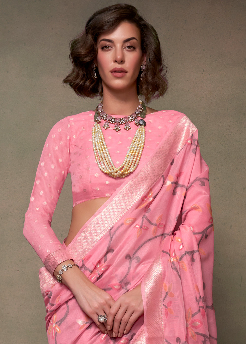 Vivid Pink Jamdani Handwoven Cotton Saree with Brocade Blouse