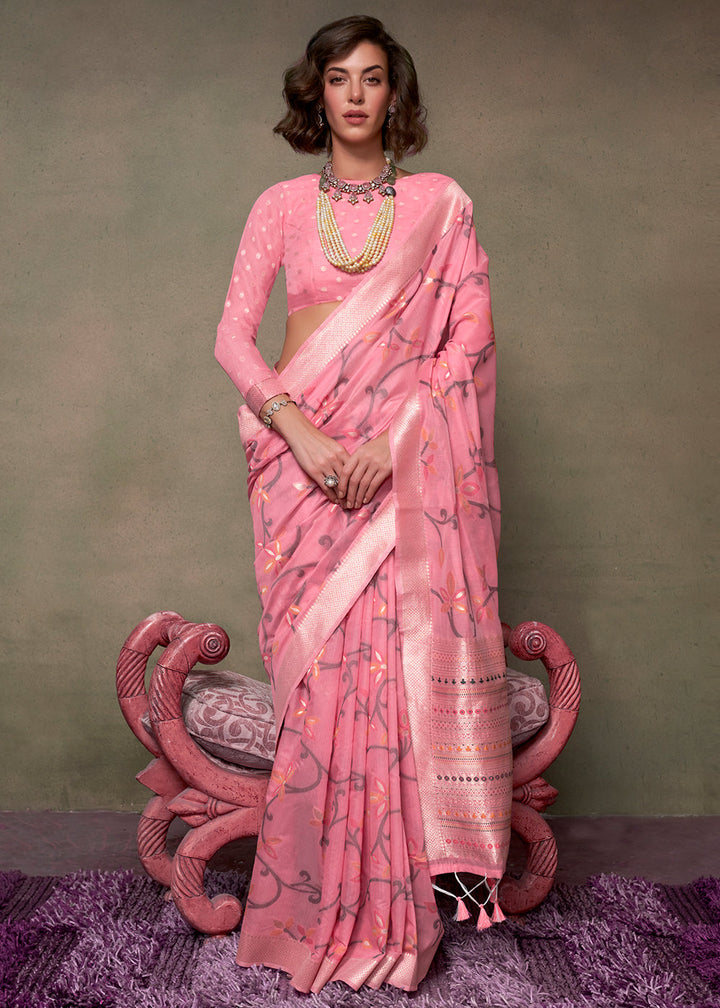 Vivid Pink Jamdani Handwoven Cotton Saree with Brocade Blouse