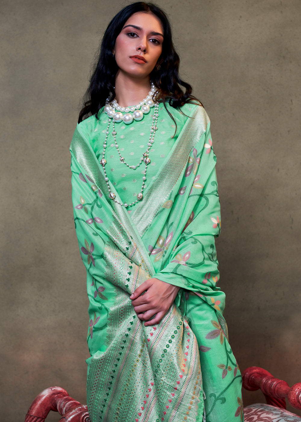 Emerald Green Jamdani Handwoven Cotton Saree with Brocade Blouse