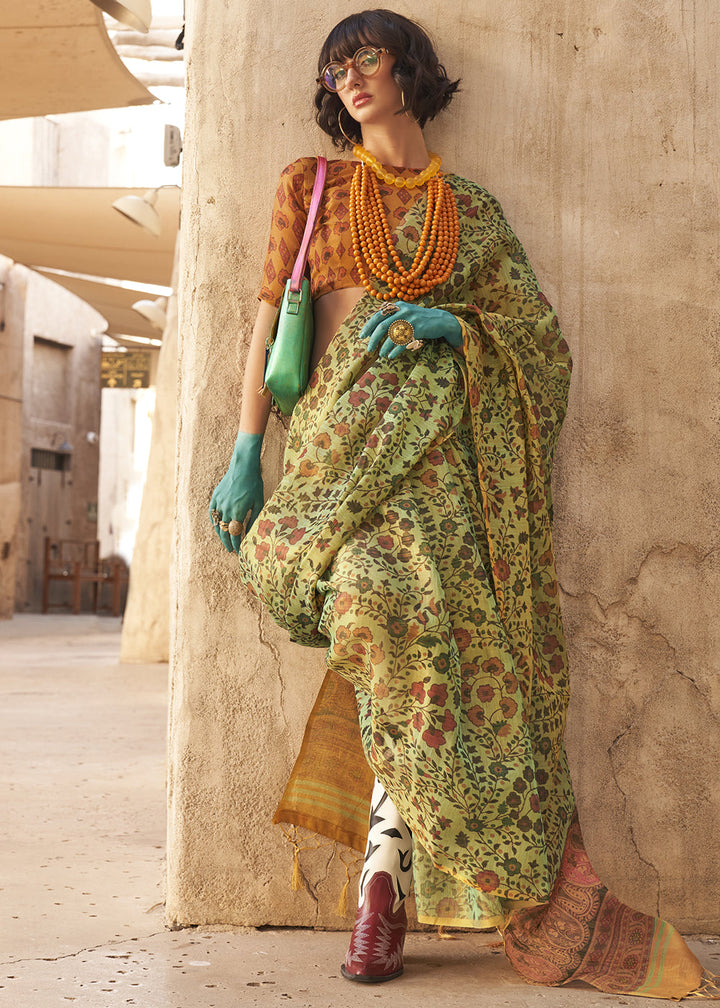 Apple Green Floral Printed Tissue Handloom Saree