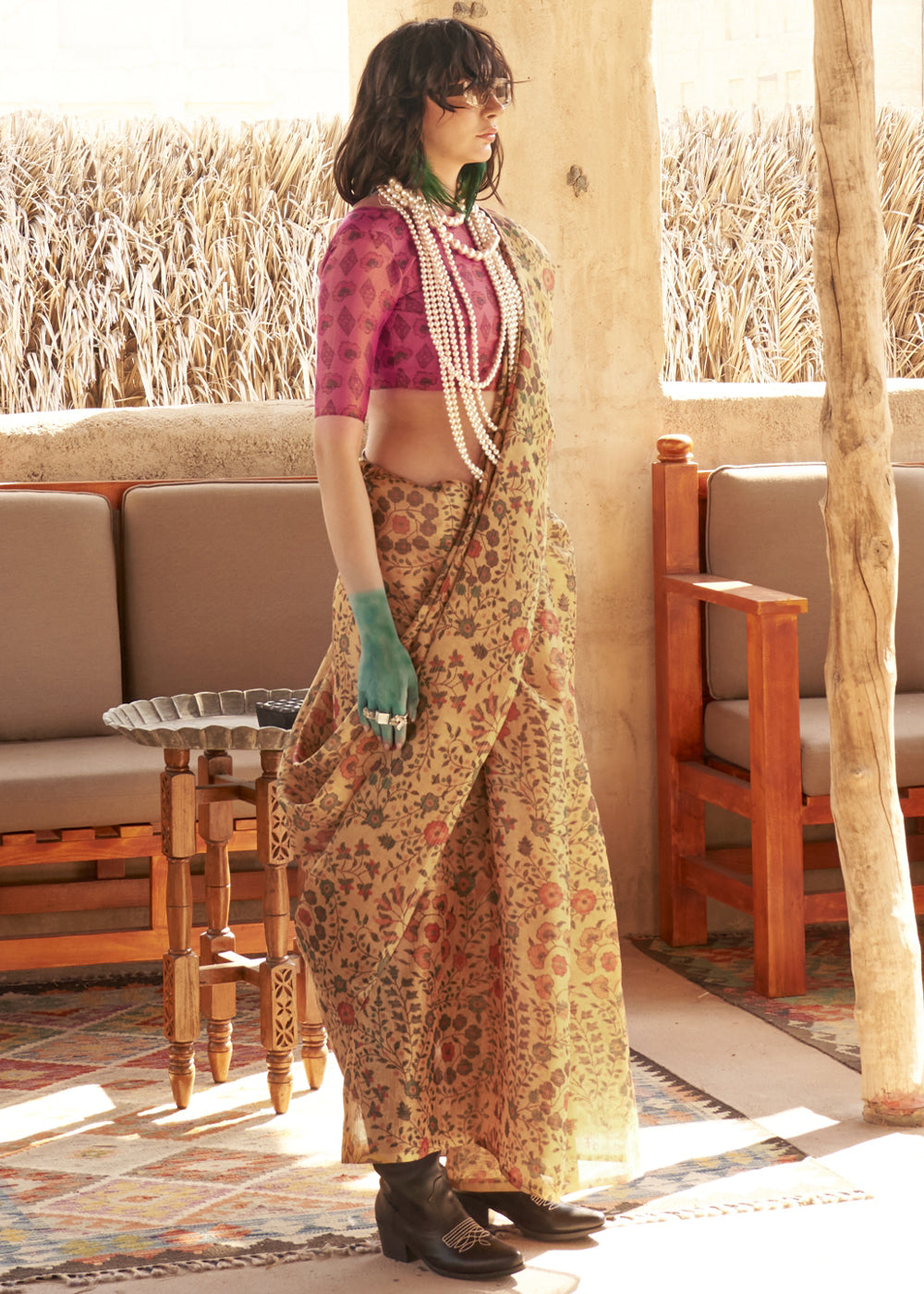 Aureolin Yellow Floral Printed Tissue Handloom Saree