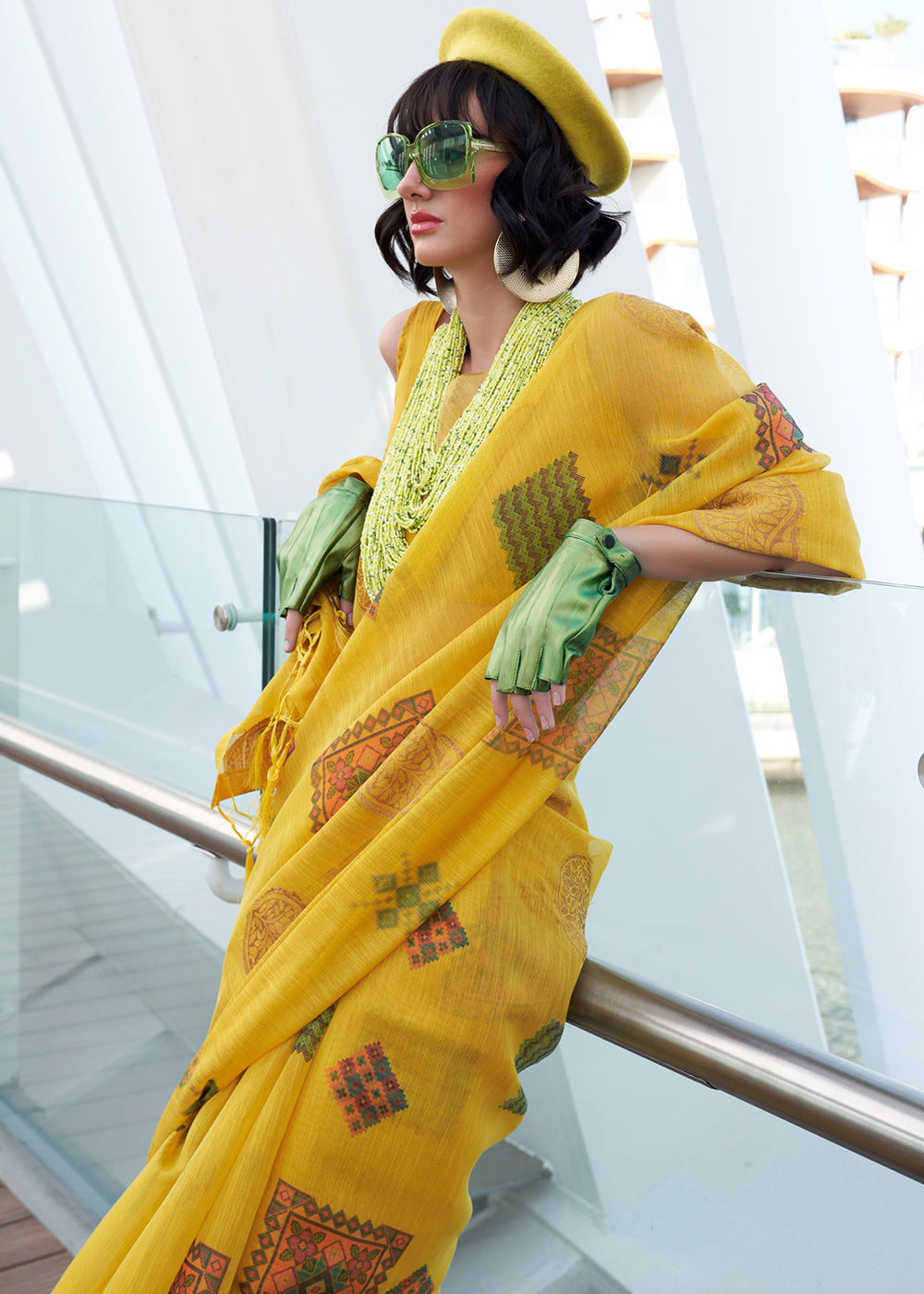 Canary Yellow Printed Handloom Zari Tissue Saree