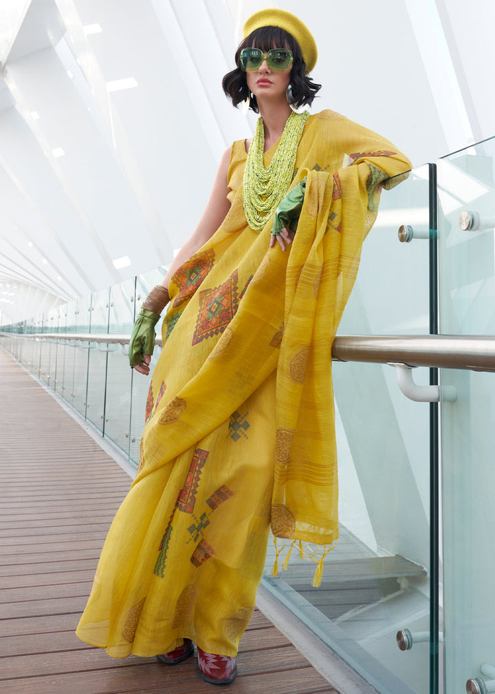 Canary Yellow Printed Handloom Zari Tissue Saree