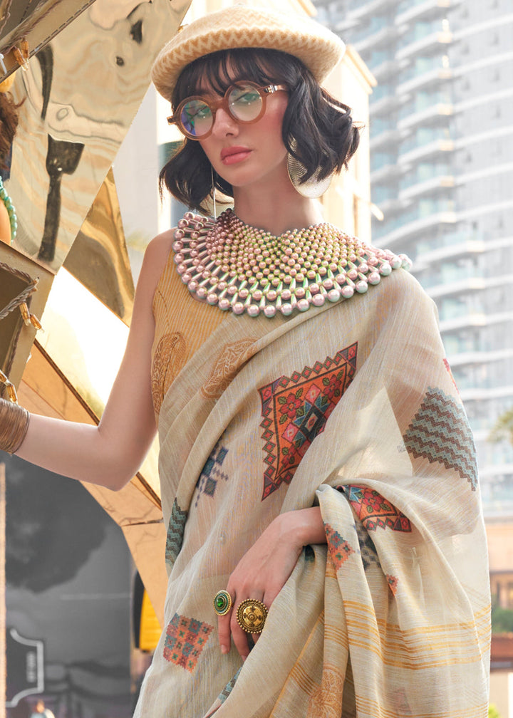 Concrete Grey Printed Handloom Zari Tissue Saree