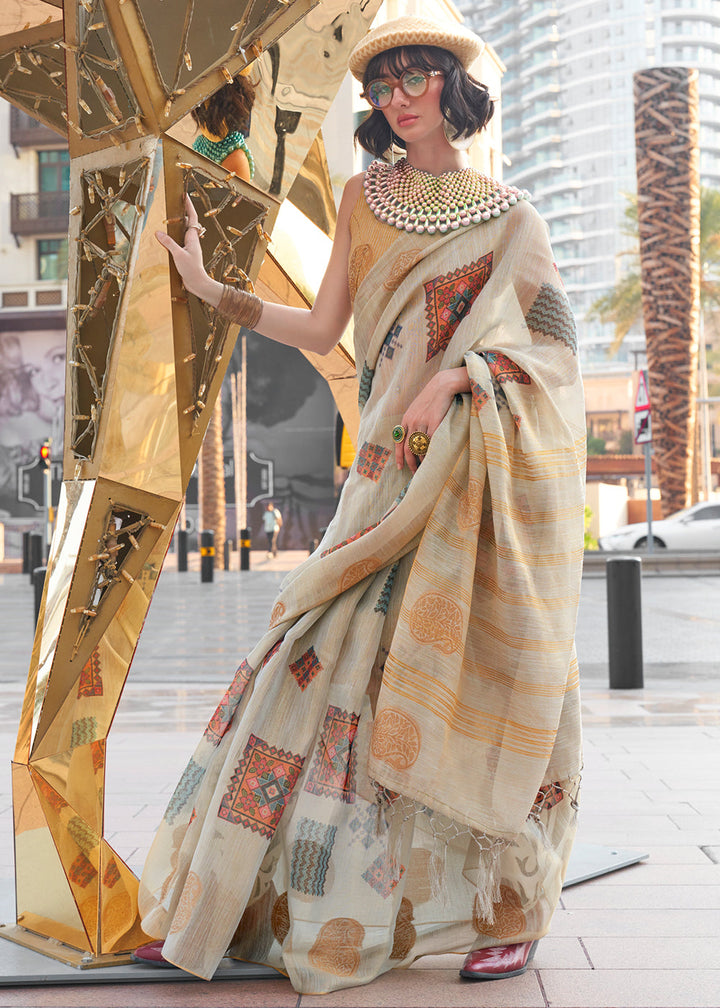 Concrete Grey Printed Handloom Zari Tissue Saree