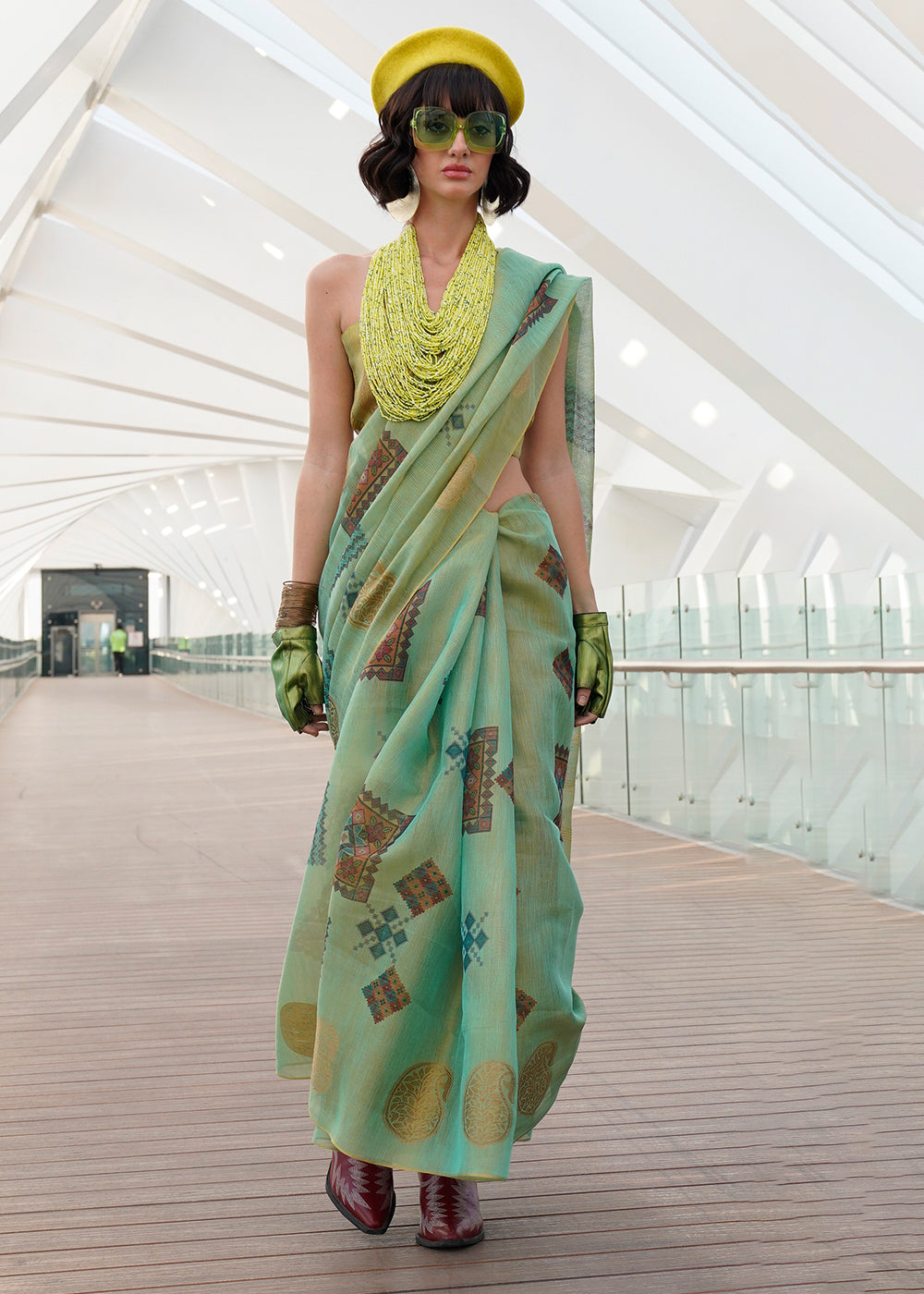 Shades Of Green Printed Handloom Zari Tissue Saree