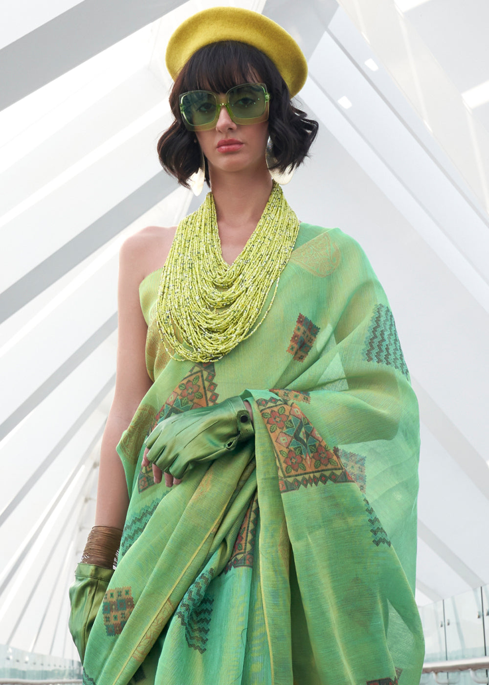 Shades Of Green Printed Handloom Zari Tissue Saree