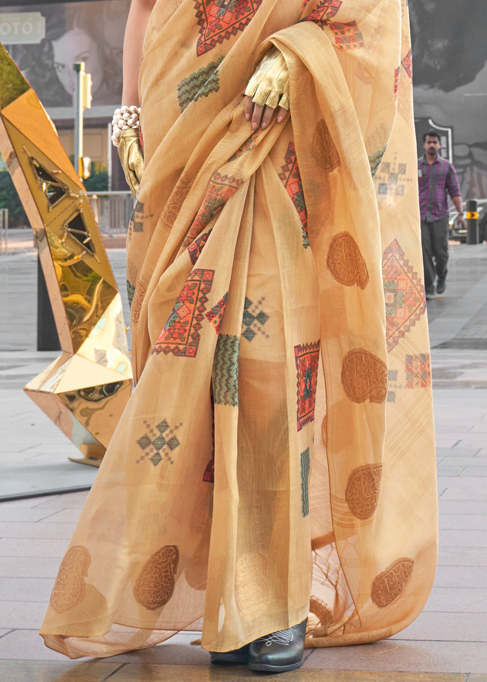 Beige Brown Printed Handloom Zari Tissue Saree