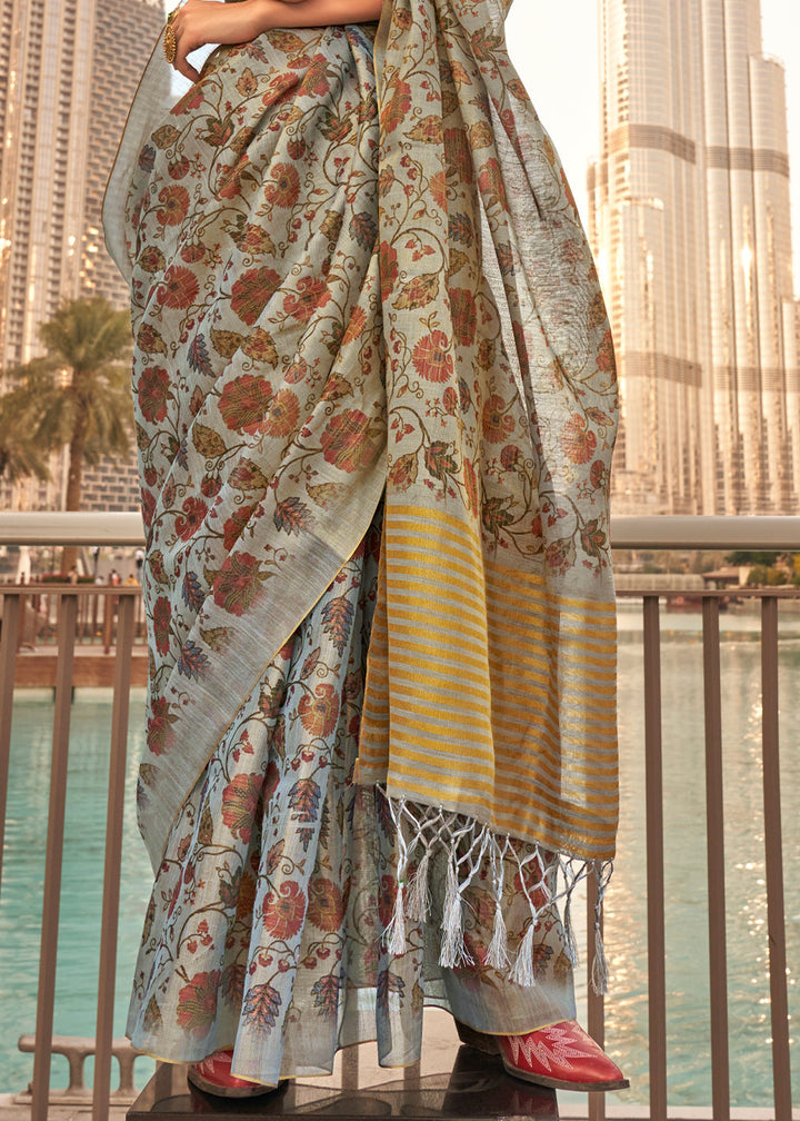 Light Grey Floral Printed Tissue saree