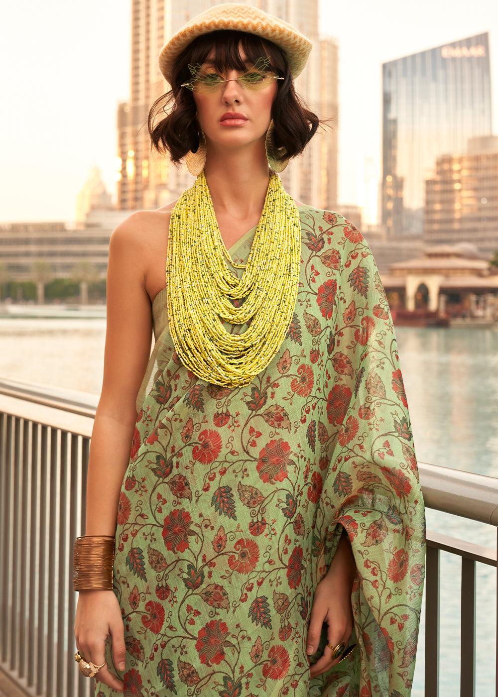 Tea Green Floral Printed Tissue saree