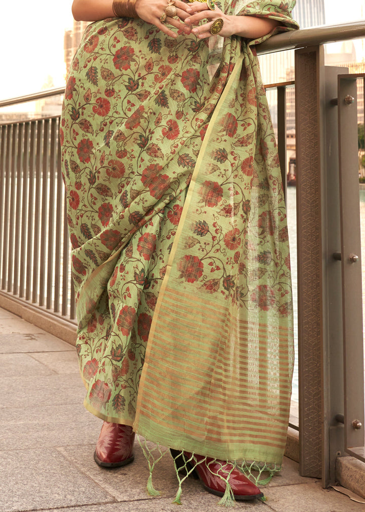 Tea Green Floral Printed Tissue saree