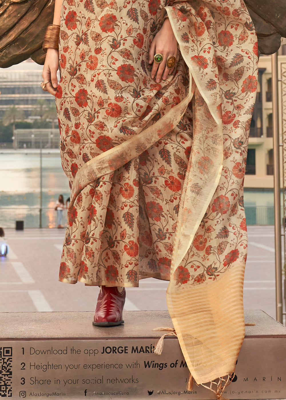 Beige Brown Floral Printed Tissue saree