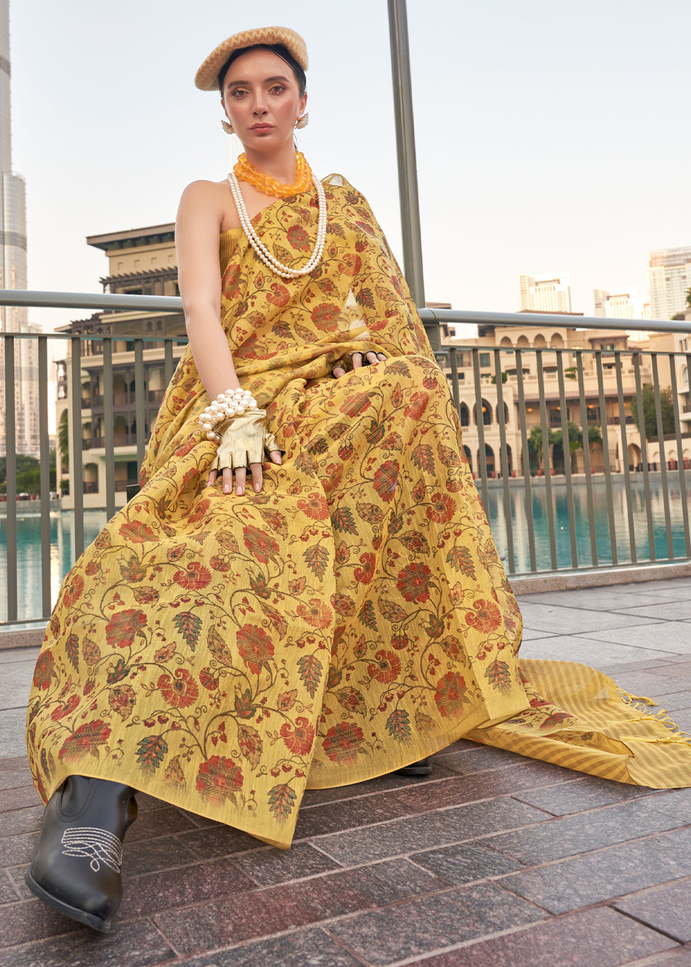 Light Mustard Yellow Floral Printed Tissue saree