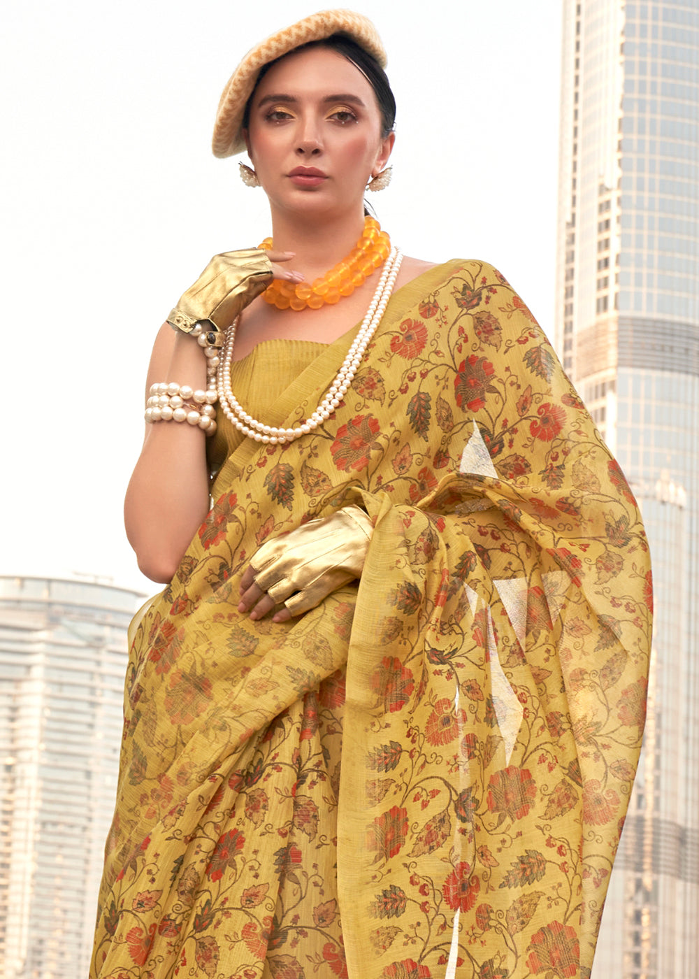 Light Mustard Yellow Floral Printed Tissue saree