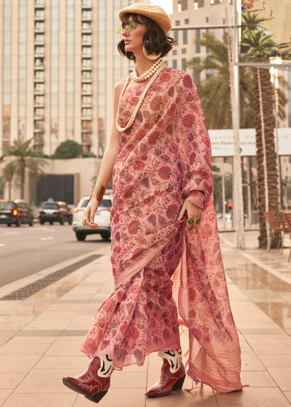 Flamingo Pink Floral Printed Tissue saree