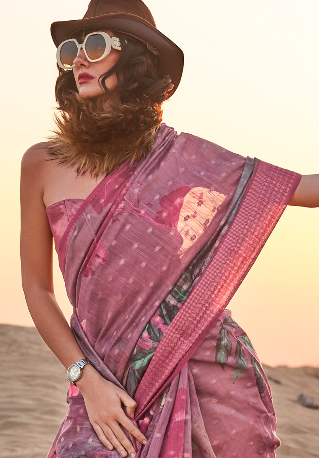 Shades Of Pink Floral Printed Linen Saree with Zari Border and Blouse