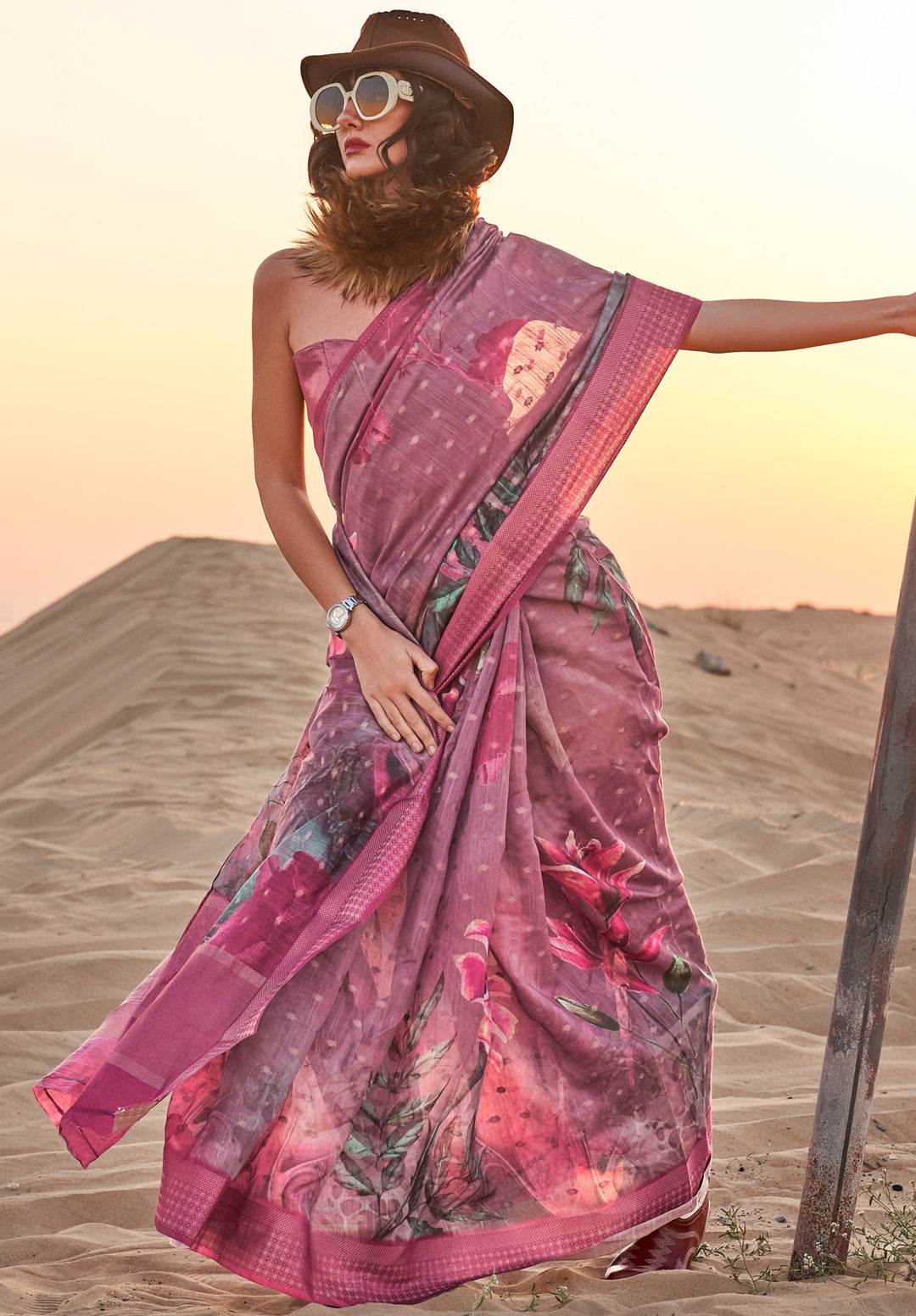 Shades Of Pink Floral Printed Linen Saree with Zari Border and Blouse