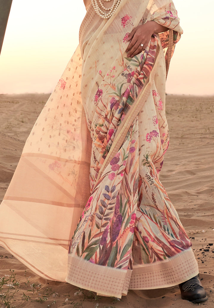 Parchment White Floral Printed Linen Saree with Zari Border and Blouse